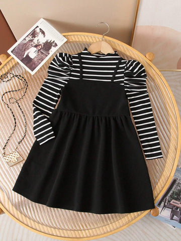 Young Girl 2 In 1 Striped Patchwork Knitted Solid Color Lettuce Trim Gigot Sleeve Long Sleeve Stand Collar Dress,Great For Casual & Daily Wear & School Daily In Summer & Autumn