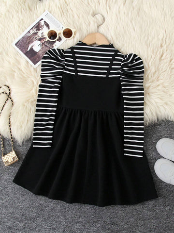 Young Girl 2 In 1 Striped Patchwork Knitted Solid Color Lettuce Trim Gigot Sleeve Long Sleeve Stand Collar Dress,Great For Casual & Daily Wear & School Daily In Summer & Autumn