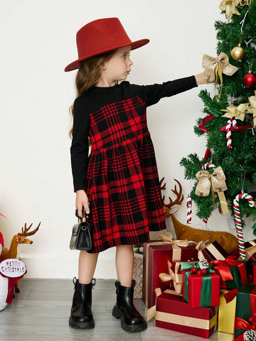 Young Girl 2 In One Knit Plaid Print Color-Block Mock Neck A-Line Dress Dress