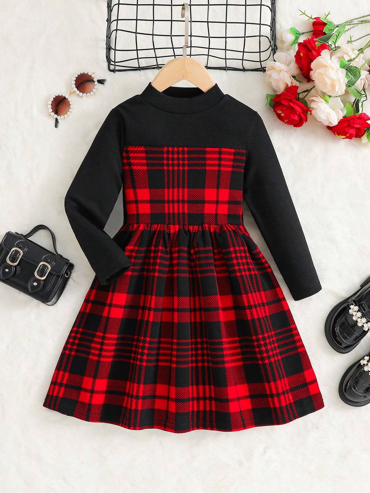 Young Girl 2 In One Knit Plaid Print Color-Block Mock Neck A-Line Dress Dress