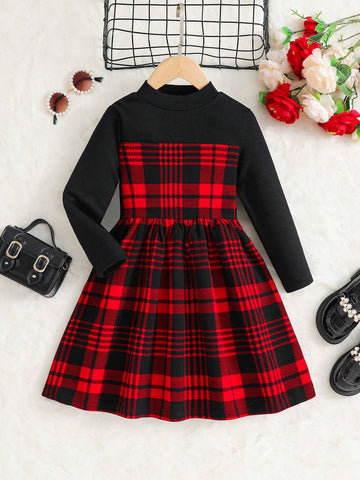 Young Girl 2 In One Knit Plaid Print Color-Block Mock Neck A-Line Dress Dress