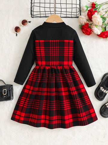 Young Girl 2 In One Knit Plaid Print Color-Block Mock Neck A-Line Dress Dress