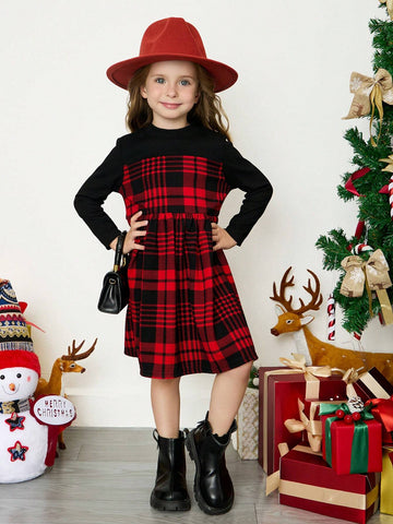 Young Girl 2 In One Knit Plaid Print Color-Block Mock Neck A-Line Dress Dress
