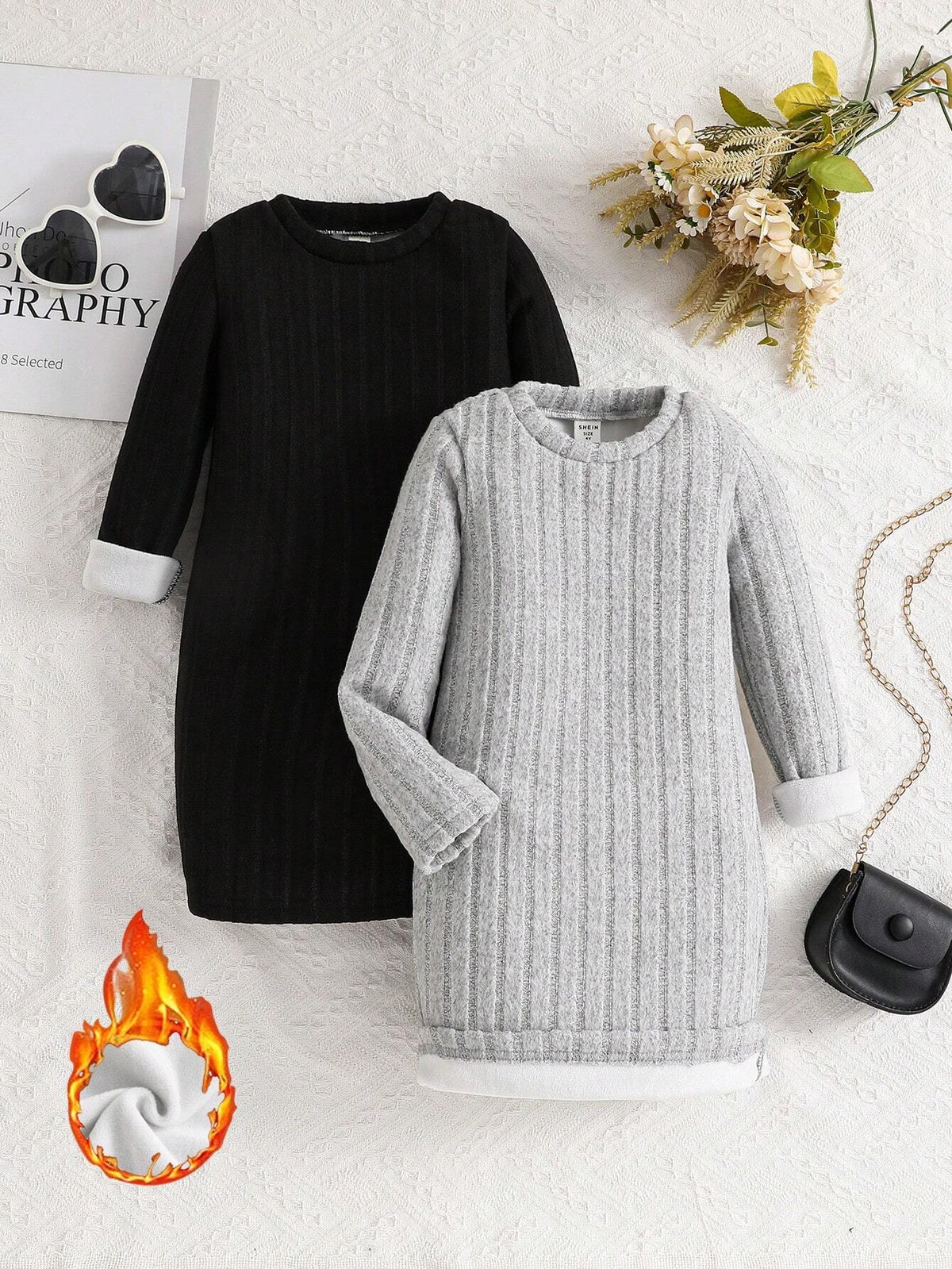 Young Girl 2pcs/Set Basics Knitted Solid Color Round Neck Fitted Dress, Casual Comfortable, Great For Casual & Daily Wear & School Daily In Autumn Winter