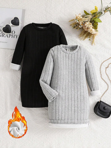 Young Girl 2pcs/Set Basics Knitted Solid Color Round Neck Fitted Dress, Casual Comfortable, Great For Casual & Daily Wear & School Daily In Autumn Winter