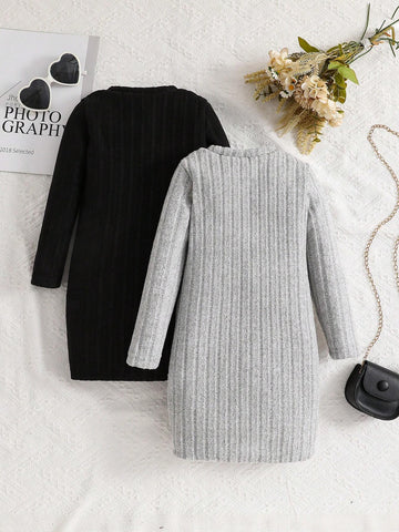 Young Girl 2pcs/Set Basics Knitted Solid Color Round Neck Fitted Dress, Casual Comfortable, Great For Casual & Daily Wear & School Daily In Autumn Winter