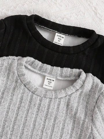 Young Girl 2pcs/Set Basics Knitted Solid Color Round Neck Fitted Dress, Casual Comfortable, Great For Casual & Daily Wear & School Daily In Autumn Winter