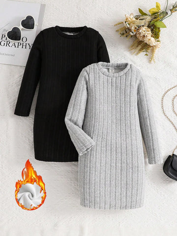 Young Girl 2pcs/Set Basics Knitted Solid Color Round Neck Fitted Dress, Casual Comfortable, Great For Casual & Daily Wear & School Daily In Autumn Winter