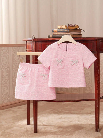 Young Girl 2pcs/Set Bow Decorated Short Sleeve Top And Skirt With Round Neckline