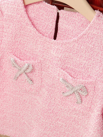 Young Girl 2pcs/Set Bow Decorated Short Sleeve Top And Skirt With Round Neckline