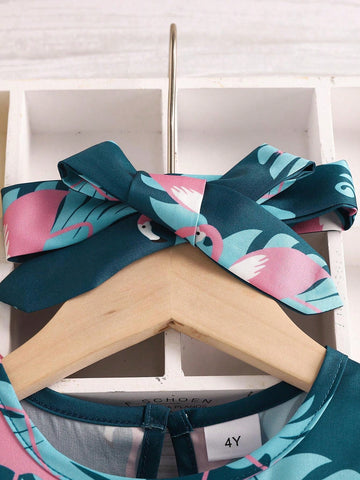 Young Girl 2pcs/Set Flamingo & Leaf Pattern Printed Dress And Headband Set, Summer