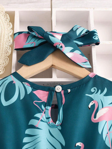 Young Girl 2pcs/Set Flamingo & Leaf Pattern Printed Dress And Headband Set, Summer