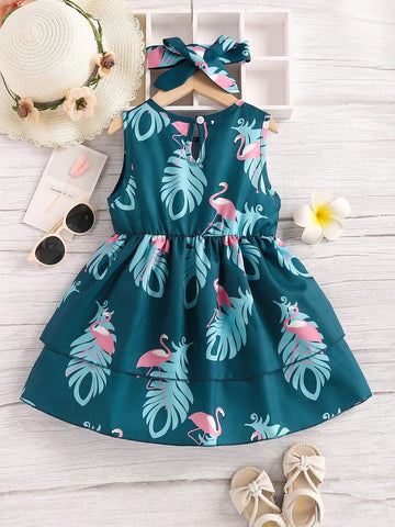 Young Girl 2pcs/Set Flamingo & Leaf Pattern Printed Dress And Headband Set, Summer