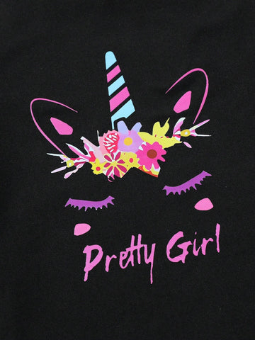 Young Girl 2pcs/Set Lovely Unicorn Pattern T-Shirt & Denim Shorts For Casual, Daily, Vacation And Outdoors