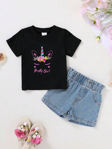 Young Girl 2pcs/Set Lovely Unicorn Pattern T-Shirt & Denim Shorts For Casual, Daily, Vacation And Outdoors