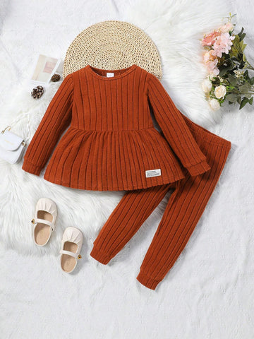 Young Girl 2pcs/Set Round Neck Solid Color Sweater Dress & Elastic Waist Pants Outfit