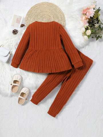 Young Girl 2pcs/Set Round Neck Solid Color Sweater Dress & Elastic Waist Pants Outfit