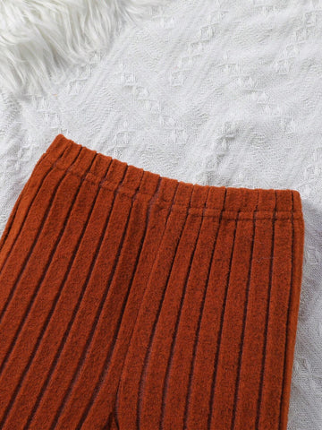 Young Girl 2pcs/Set Round Neck Solid Color Sweater Dress & Elastic Waist Pants Outfit