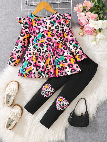 Young Girl 2pcs/Set Ruffle Trim Colorful Leopard Print Top & Leggings Outfit, Autumn/Winter
