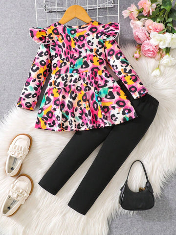 Young Girl 2pcs/Set Ruffle Trim Colorful Leopard Print Top & Leggings Outfit, Autumn/Winter