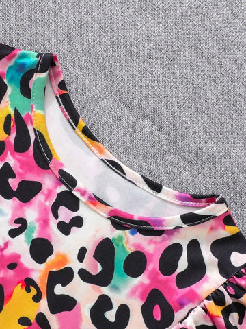 Young Girl 2pcs/Set Ruffle Trim Colorful Leopard Print Top & Leggings Outfit, Autumn/Winter