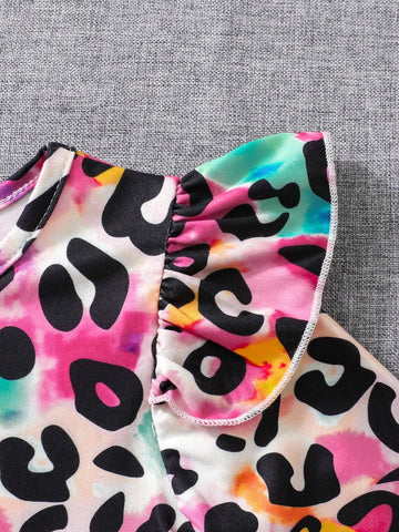 Young Girl 2pcs/Set Ruffle Trim Colorful Leopard Print Top & Leggings Outfit, Autumn/Winter