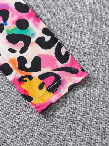 Young Girl 2pcs/Set Ruffle Trim Colorful Leopard Print Top & Leggings Outfit, Autumn/Winter