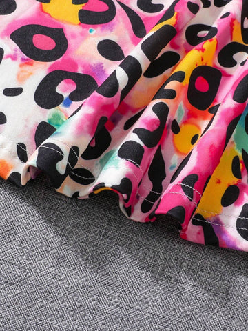 Young Girl 2pcs/Set Ruffle Trim Colorful Leopard Print Top & Leggings Outfit, Autumn/Winter