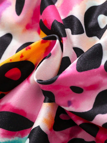 Young Girl 2pcs/Set Ruffle Trim Colorful Leopard Print Top & Leggings Outfit, Autumn/Winter