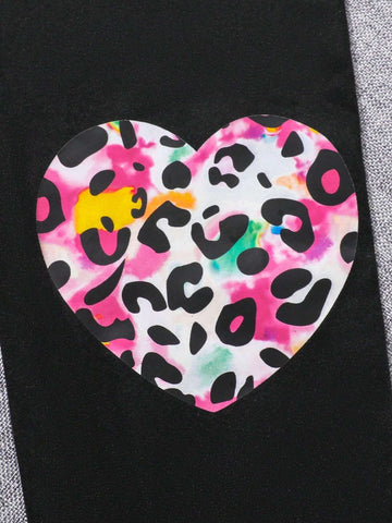 Young Girl 2pcs/Set Ruffle Trim Colorful Leopard Print Top & Leggings Outfit, Autumn/Winter