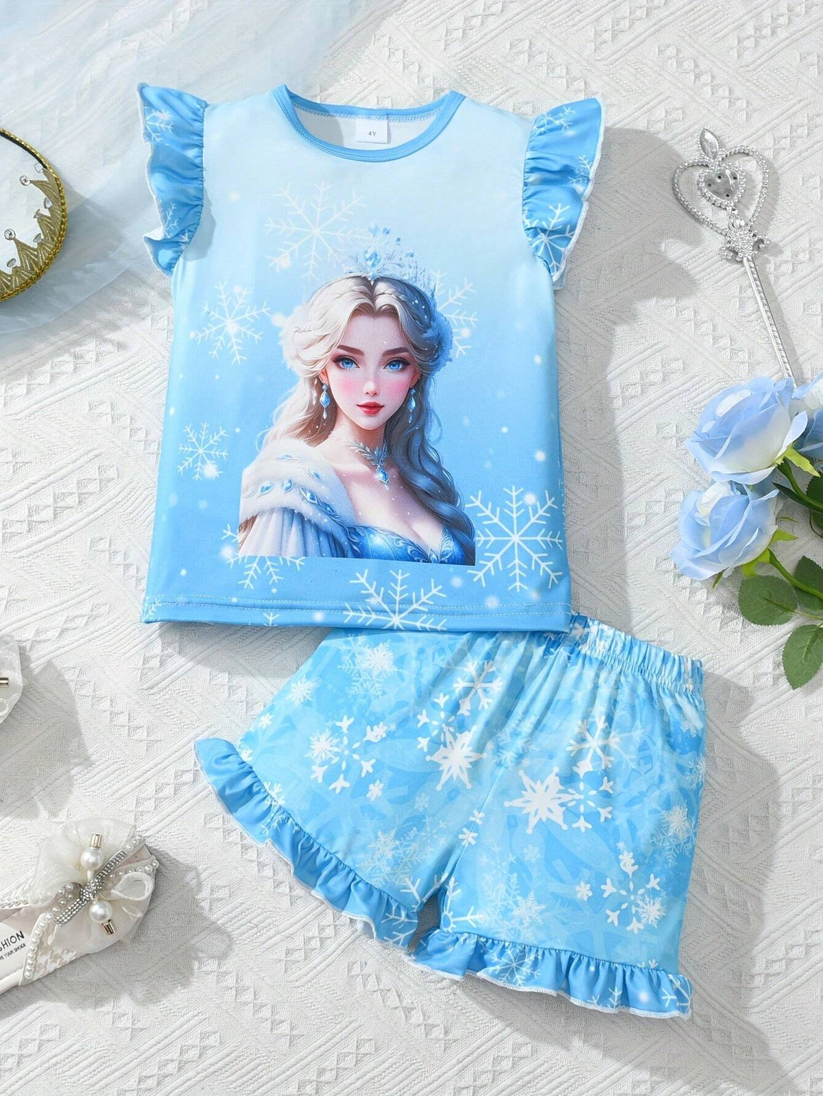 Young Girl 2pcs Cap Sleeve Shorts Set With Portrait Print