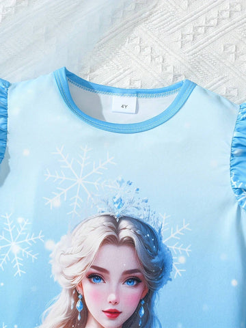 Young Girl 2pcs Cap Sleeve Shorts Set With Portrait Print