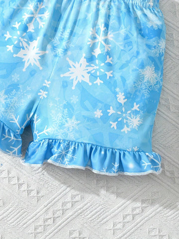 Young Girl 2pcs Cap Sleeve Shorts Set With Portrait Print