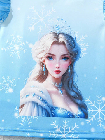 Young Girl 2pcs Cap Sleeve Shorts Set With Portrait Print