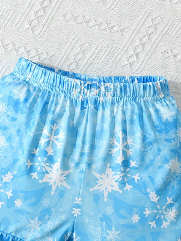 Young Girl 2pcs Cap Sleeve Shorts Set With Portrait Print