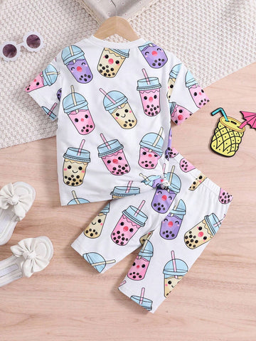 Young Girl 2pcs Cartoon Graphic Short Sleeve Top & Shorts For Summer