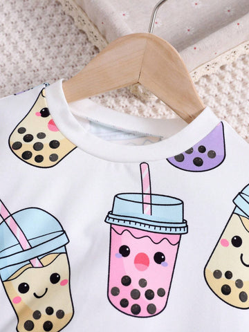 Young Girl 2pcs Cartoon Graphic Short Sleeve Top & Shorts For Summer