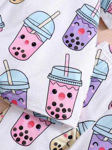 Young Girl 2pcs Cartoon Graphic Short Sleeve Top & Shorts For Summer