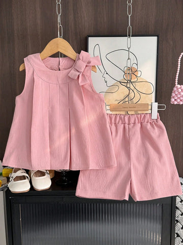 Young Girl 2pcs Casual Tank Bowknot Top & Shorts Clothes Set For Summer