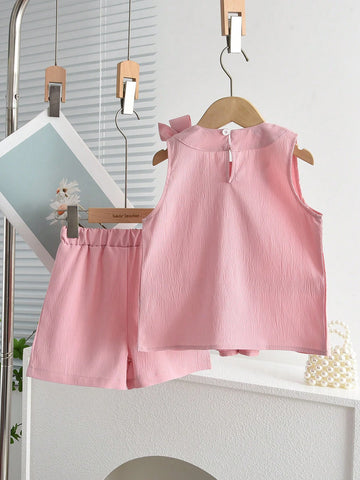 Young Girl 2pcs Casual Tank Bowknot Top & Shorts Clothes Set For Summer