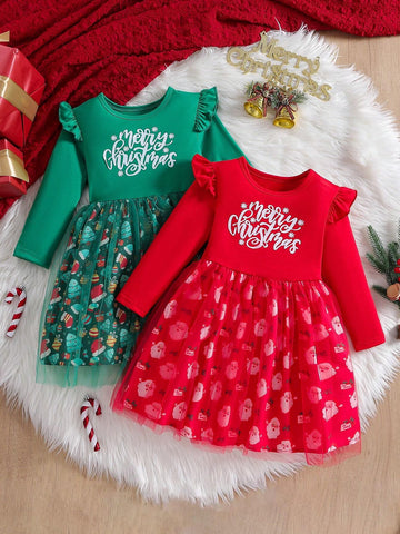 Young Girl 2pcs Christmas Set Elegant Princess Sweet Mesh Dress