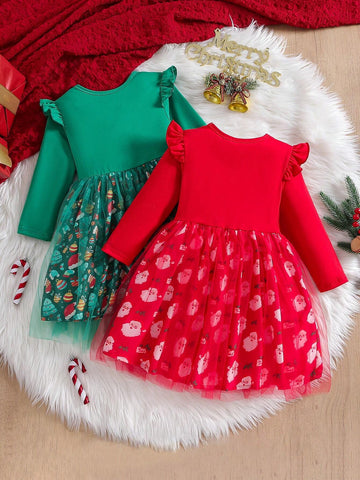 Young Girl 2pcs Christmas Set Elegant Princess Sweet Mesh Dress