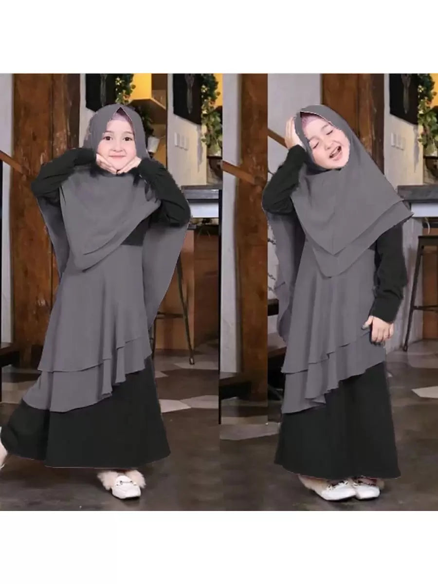 Young Girl 2pcs Set Muslim Long Sleeve Color Block Ruffle Hem Dress + Headscarf