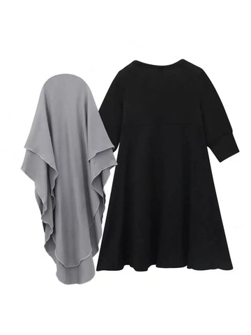 Young Girl 2pcs Set Muslim Long Sleeve Color Block Ruffle Hem Dress + Headscarf