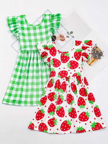Young Girl 2pcs Spring/Summer Fresh Gingham & Strawberry Printed Flutter Sleeve Dress