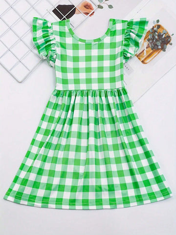Young Girl 2pcs Spring/Summer Fresh Gingham & Strawberry Printed Flutter Sleeve Dress