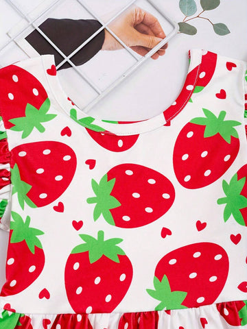 Young Girl 2pcs Spring/Summer Fresh Gingham & Strawberry Printed Flutter Sleeve Dress