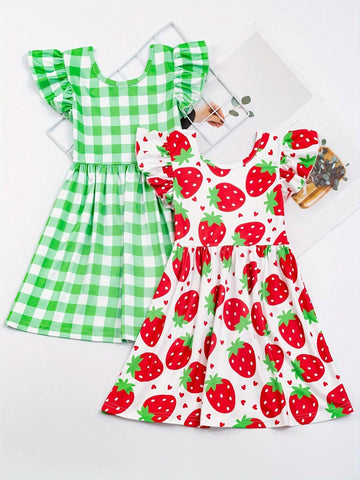 Young Girl 2pcs Spring/Summer Fresh Gingham & Strawberry Printed Flutter Sleeve Dress