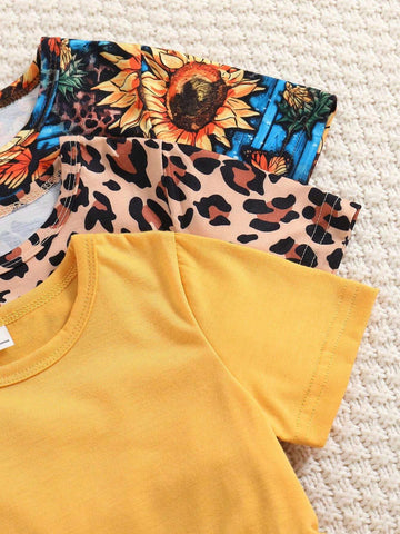 Young Girl 3-Piece Elegant Knitted Dress Set With Solid Color, Leopard Print And Sunflower Pattern Short Sleeves, Round Neckline, For Vacation And Leisure In Summer, Cute And Fashionable Skirts