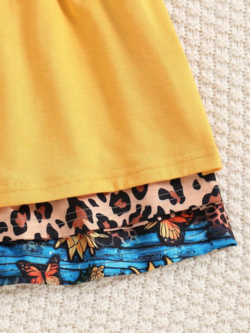 Young Girl 3-Piece Elegant Knitted Dress Set With Solid Color, Leopard Print And Sunflower Pattern Short Sleeves, Round Neckline, For Vacation And Leisure In Summer, Cute And Fashionable Skirts